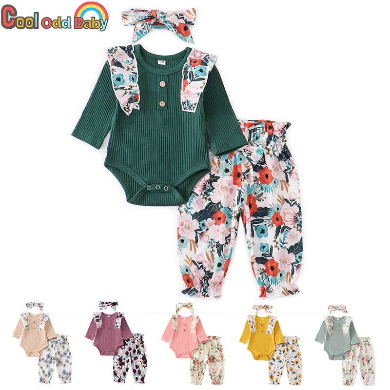 2024 Baby Spring Autumn Clothing Newborn Baby Girl Set Jumpsuits Floral Ruffles Romper Top and Pants Bow Headband Infant Outfit