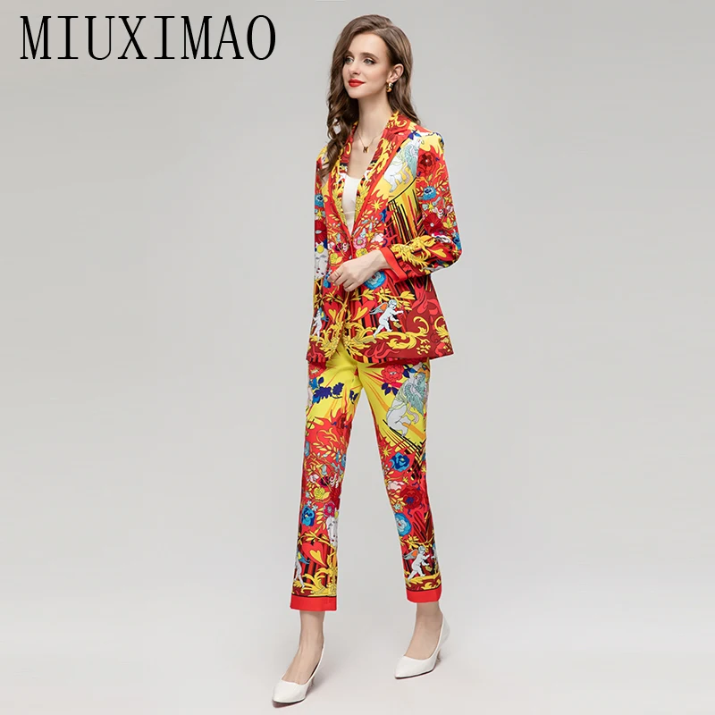 MIUXIMAO 2023 Fall Luxury Diamond  Sicily Elegant Suit Heart Angel Flower Prints Top+ Slim Pant Fashion Two-piece Set Women Suit