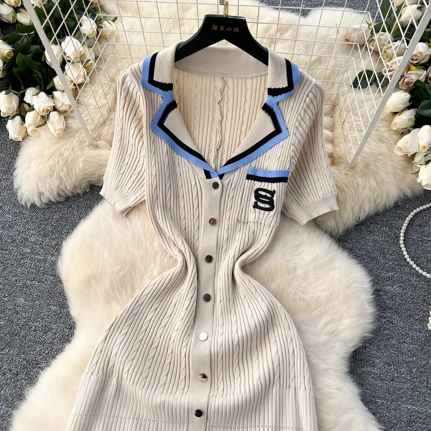 YuooMuoo 2024 Summer Women Knitted Long Dress Brand Fashion Turn-down Collar A-line Sweater Dress Elegant Lady Office Dress Robe