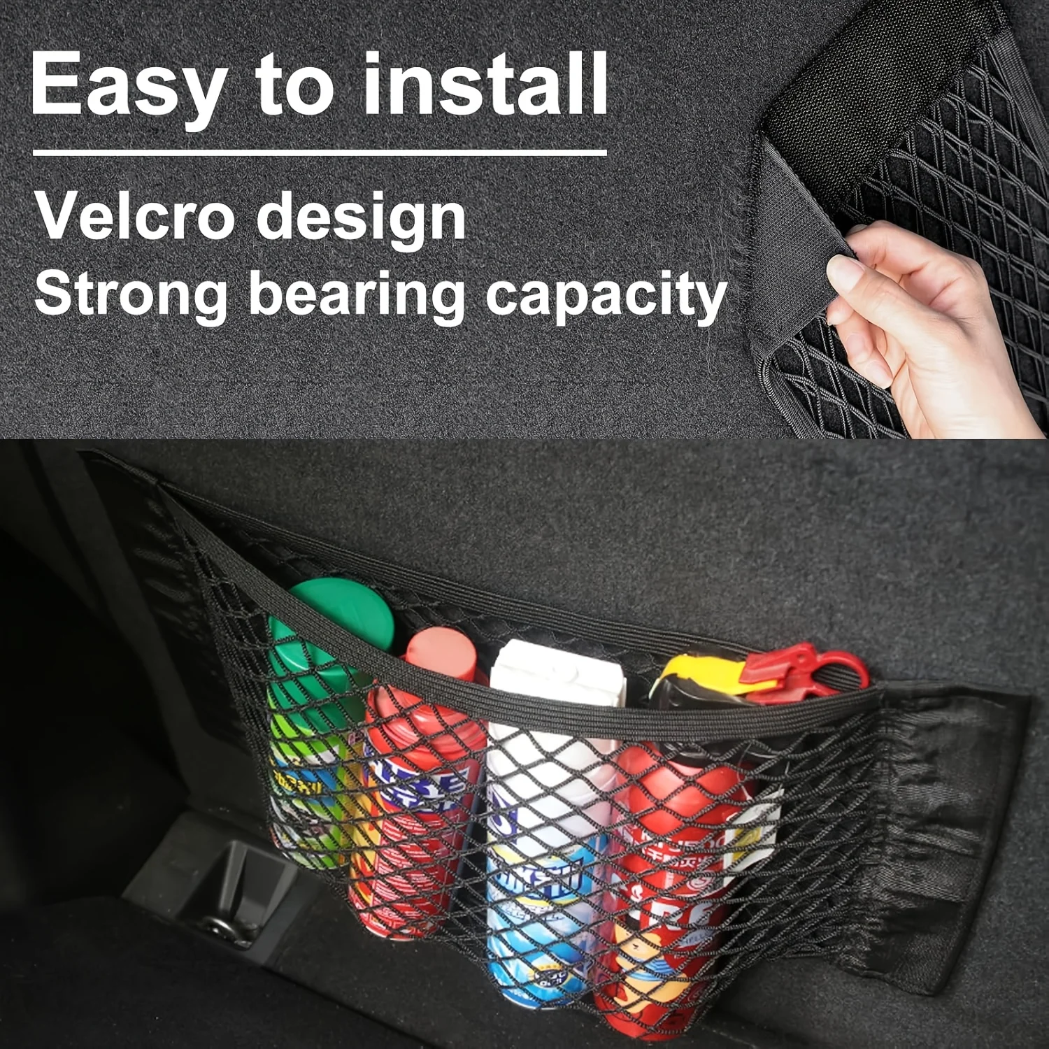 A robust and versatile car trunk organizer kit featuring elastic borders and a mesh storage net, ideal for SUVs and sedans