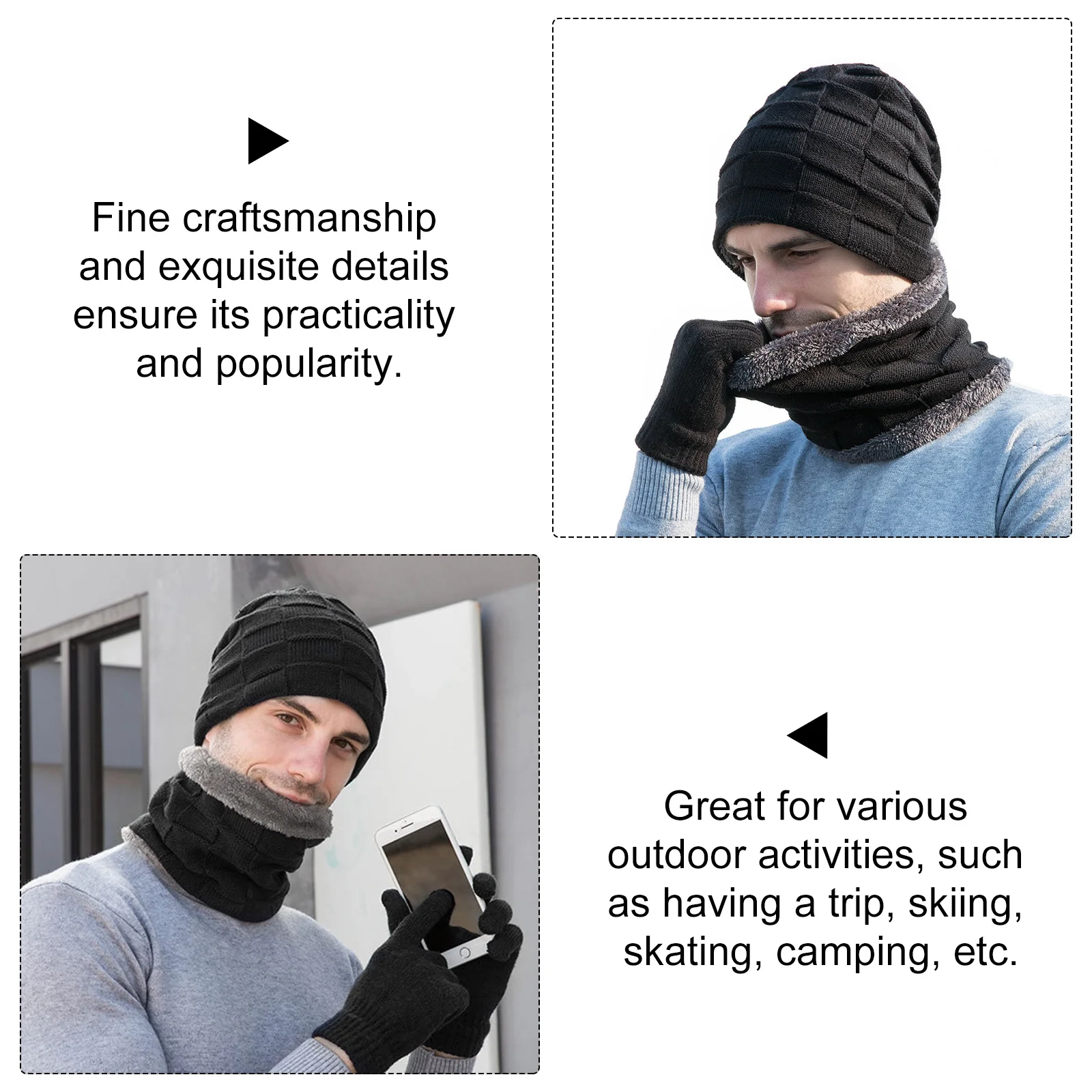 1 مجموعة الرجال قبعة وشاح قفازات مجموعة سميكة محبوك قبعة الشتاء وشاح دافئ الطقس البارد في الهواء الطلق هدية للتزلج التخييم التنزه