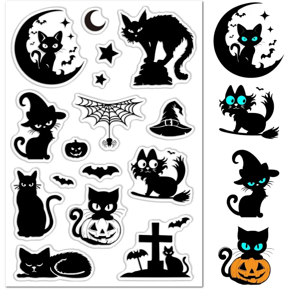 Halloween Black Cats Clear Rubber Stamps Pumpkin Bat Tombstone Witch Hat Moon Stars Clear Stamp for Card Making Photo Album