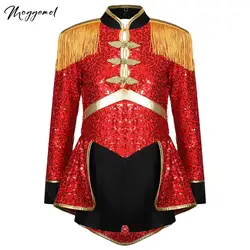 Girls Shiny Sequins Circus Ringmaster Magician Drummer Costume Lion Tamer Long Sleeve Fringe Epaulet Bodysuit for Halloween
