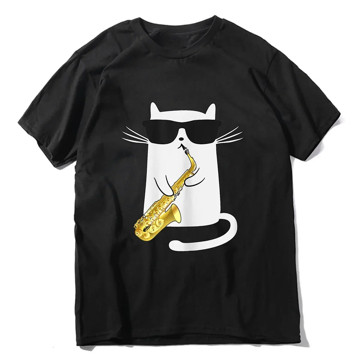 Unisex 100% Cotton Funny Cat Shirt Saxophone Music Gift Men T-Shirt Oversized Casual Tee Clothing Streetwear Summer fashion 2024