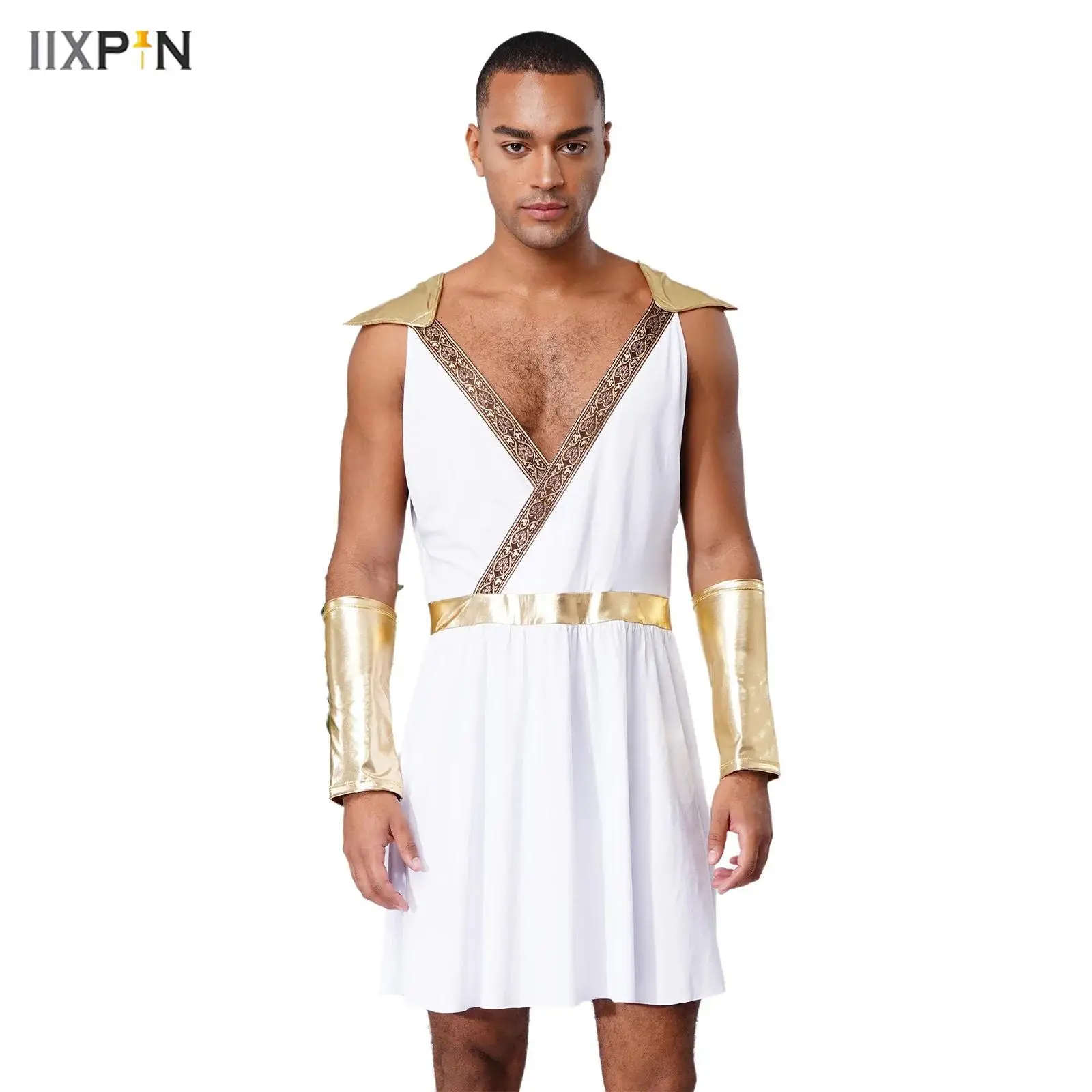

2Pcs Mens Greek Costume V-Neck Sleeveless Contrast Color Patchwork Robe+Cuffs for Halloween Cosplay Theme Party Fancy Dress Ball