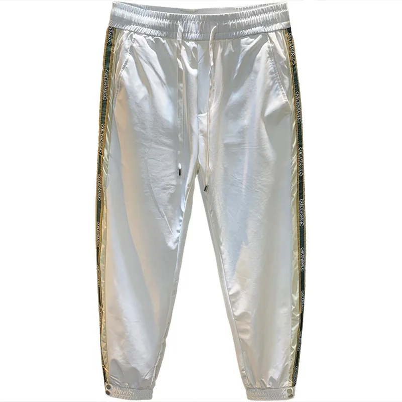 سراويل كاجوال رفيعة صيفية راقية للرجال، مع ربط حزام جانبي، سراويل رياضية مطرزة من الحرير الجليدي