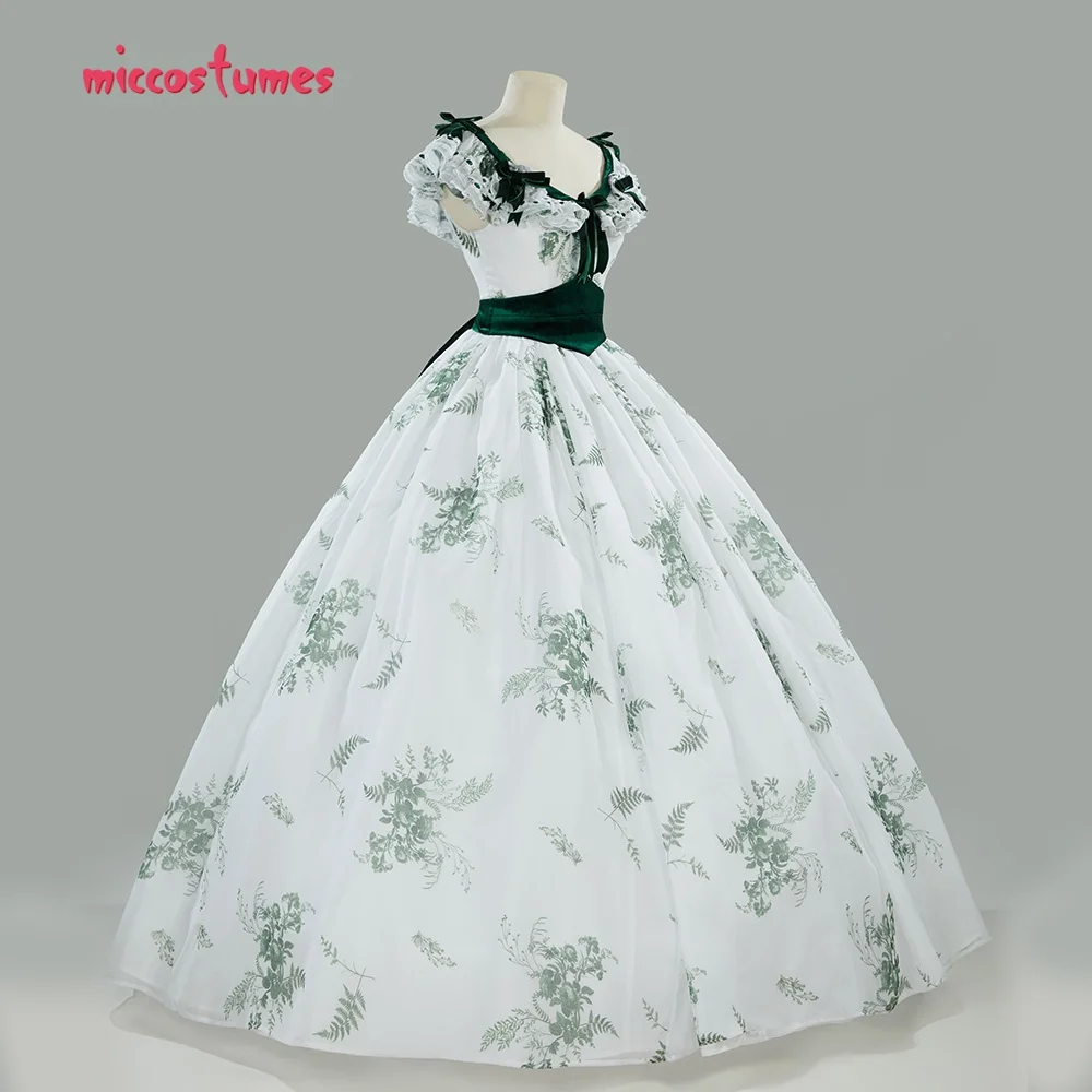 Miccostumes Women's Rococo Vintage Ball Gown Set Scarlett Floral Green Leaf Patterned Dress Costume