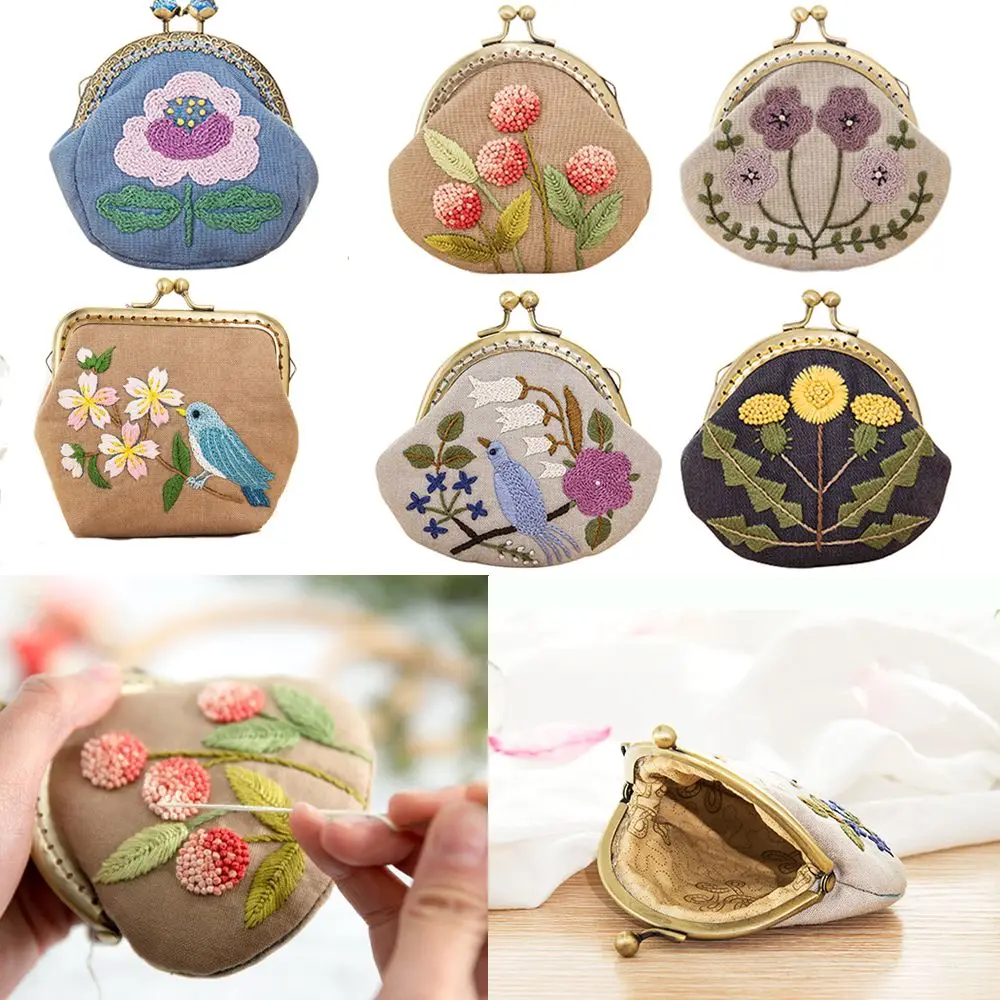 

Handmade DIY Flowers Bird Embroidered Clutch Coin Purse Wallet Mobile Phone Bags Kit Embroidered for Wallet Crafts