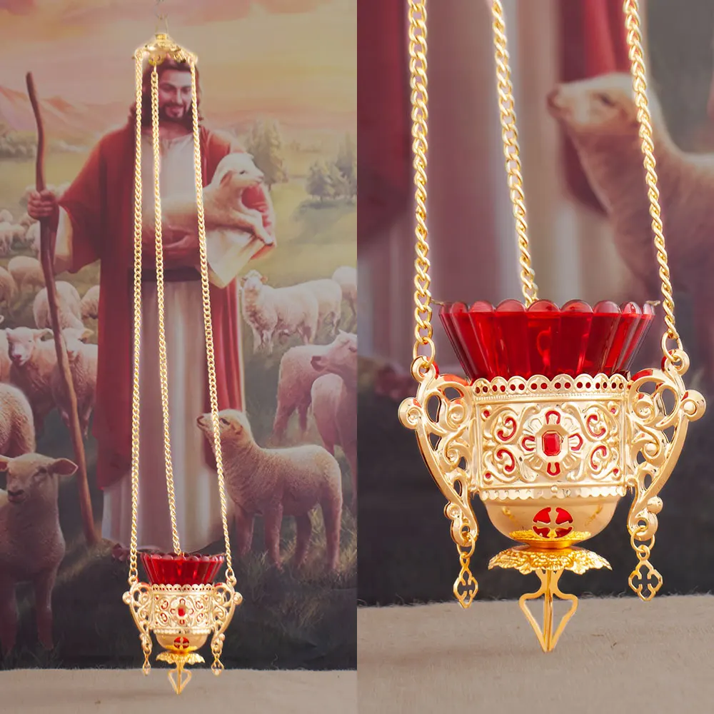HTISOK Orthodox Christian Hanging Oil Lamp Orthodox Vigil Oil Lamps with Red Glass Cup for Religious Ceremonies and Daily Use