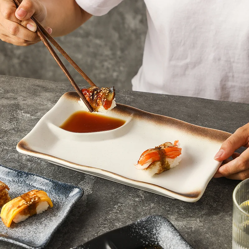

Керамическая тарелка для суши с блюдом для соуса, прямоугольный поднос в стиле ретро для пельменей, барбекю