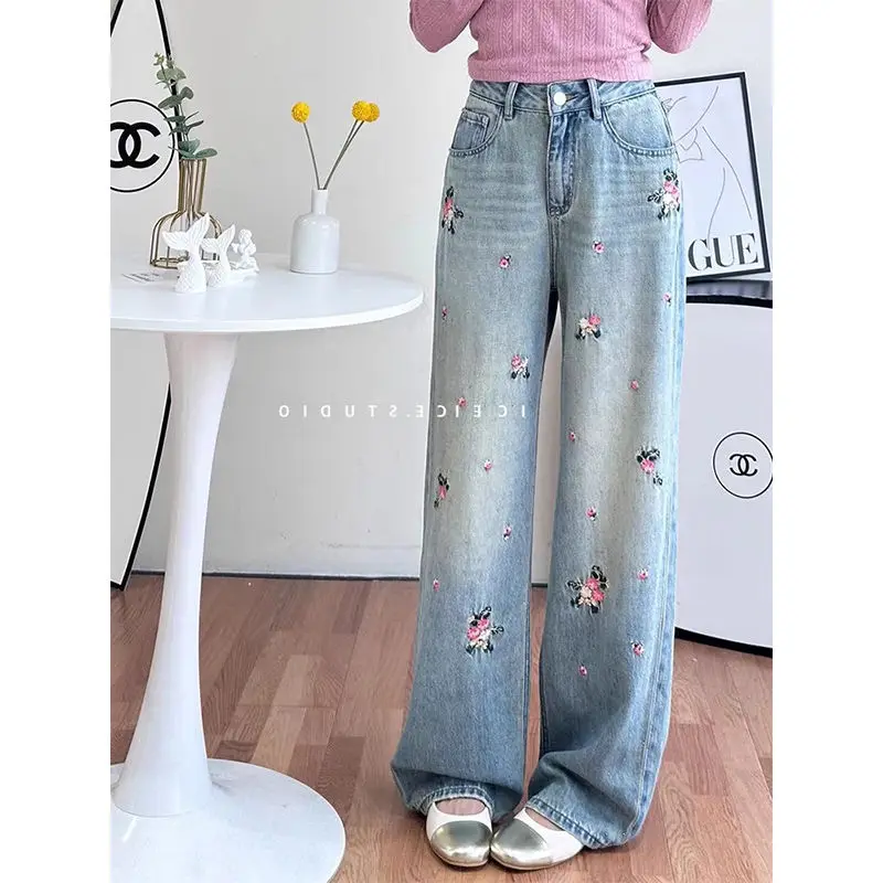 Embroidery Sequins Jeans Women Harajuku NEW Blue  Baggy Casual Pants Vintage Aesthetic Pants  Wide Denim Trousers