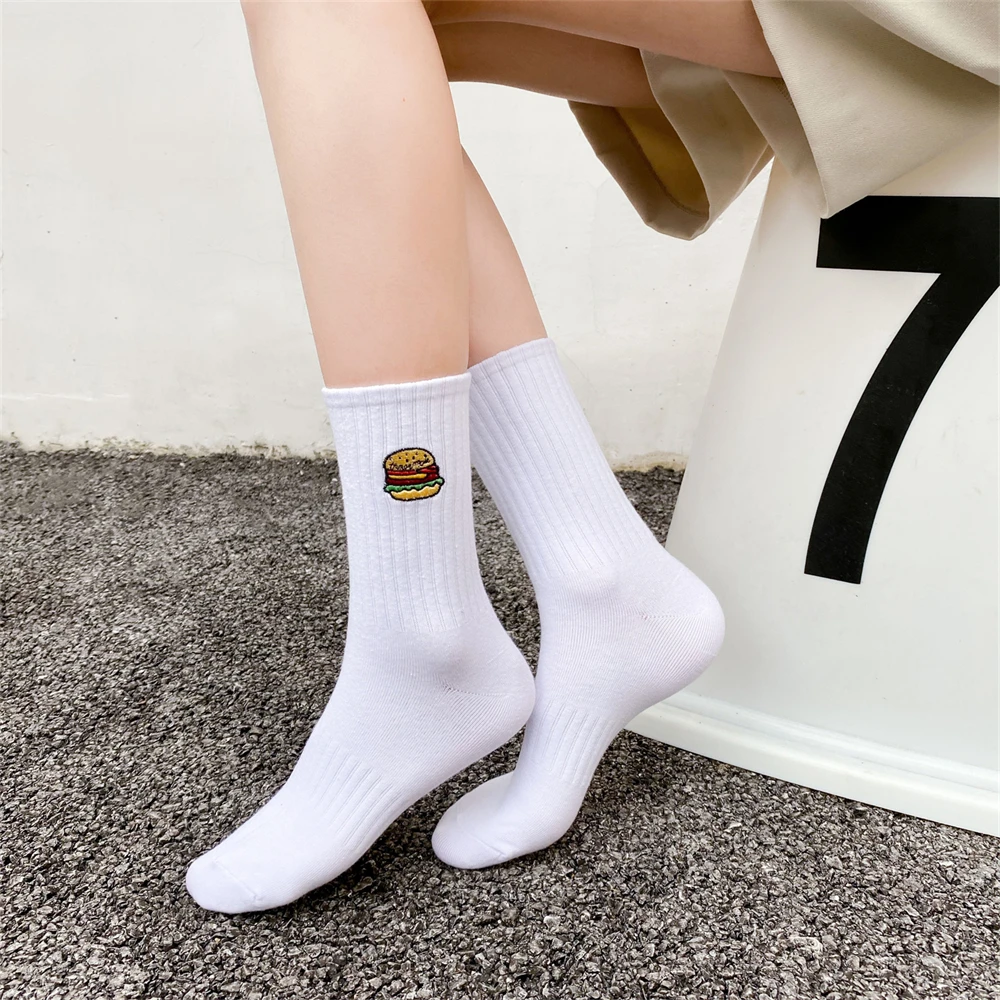 Warm Winter New Funny Embroidery Hamburger Pizza Pattern White Black Gray Casual Hipster Thic Socks Christmas Gift Dropship