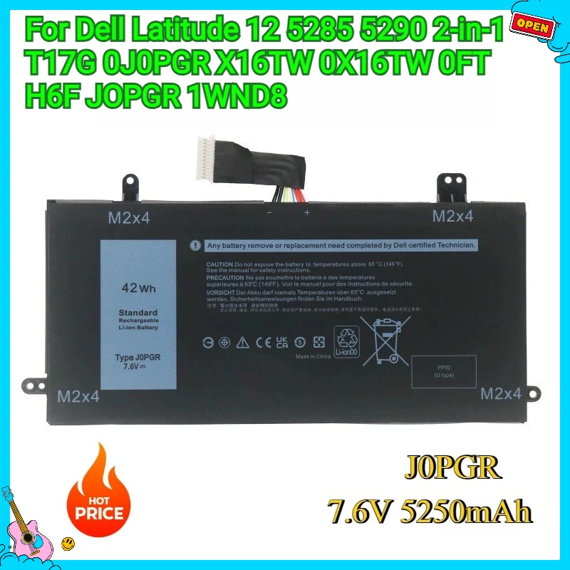 

New 7.6V42WH J0PGR Laptop ReplacementBattery For Dell Latitude 12 5285 5290 2-in-1 T17G 0J0PGR X16TW 0X16TW 0FTH6F JOPGR 1WND8