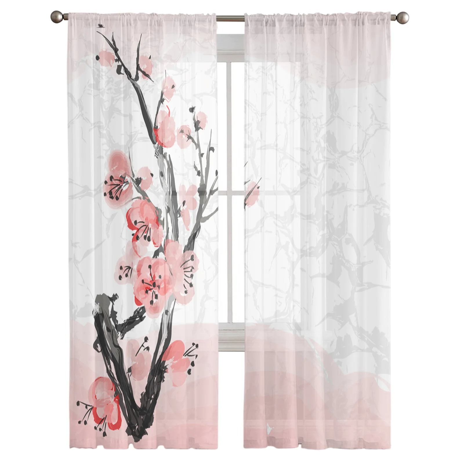 

Ink Japanese Cherry Blossom Tree Pattern Wallpaper Tulle Curtains for Living Room Chiffon Voile Sheer Window Curtain for Bedroom