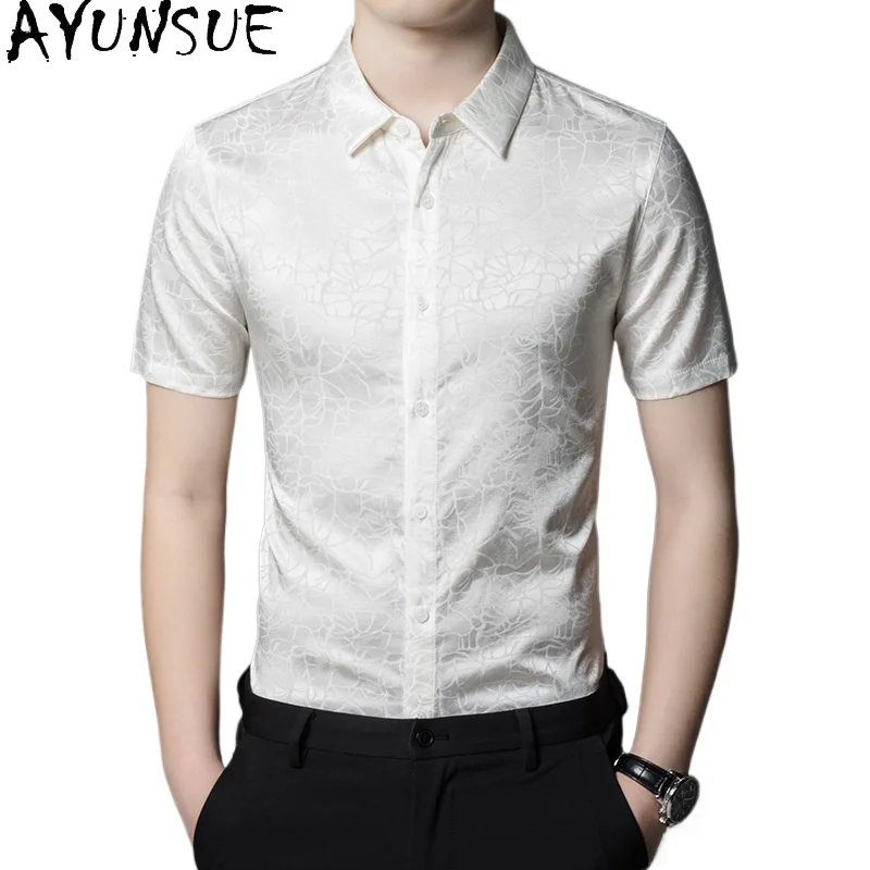 AYUNSUE High Quality 92.4% Mulberry Silk Shirt Man Clothing Summer 2026 Short Sleeve Shirts Casual White Top Fashion Men's Shirt