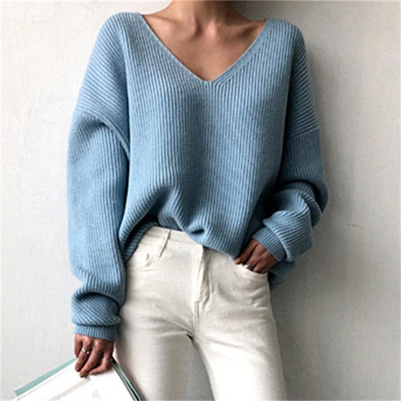 

Women's Korean Style 2025 Autumn Winter Loose Fit V-neck Split Hem Pure Color Knit Sweater