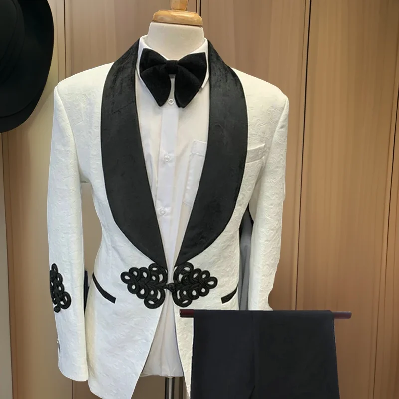 Blanc Jacquard marié Tuxedos velours noir châle revers hommes costumes pour mariage meilleur homme Blazer avec pantalon 2022 Costume de mode