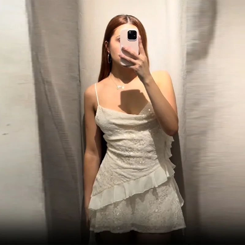 

Sexy Sequined Ruffles Mini Sling Dress Women Solid V-neck Sleeveless Backless A-line Dresses 2025 Summer Lady Chic Party Robes