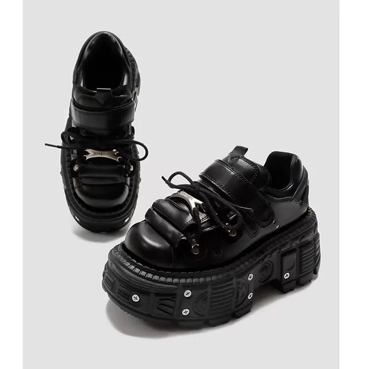 

Black Rock Punk Style Metal Nail Ankle Boots 2025 New INS Y2K All-Match Casual Boots Round Toe Plarform Lace Up Women Boots