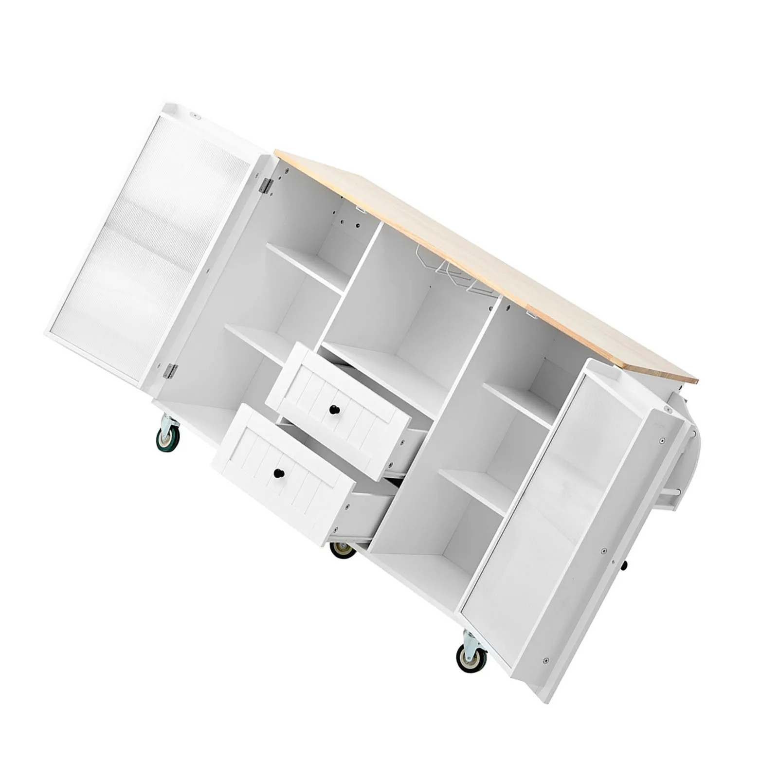 جزيرة المطبخ لطاولة الجزيرة مع طاولة دوارة على عجلات مع رف تخزين مفتوح من جانب سطح السقوط باللون الأبيض