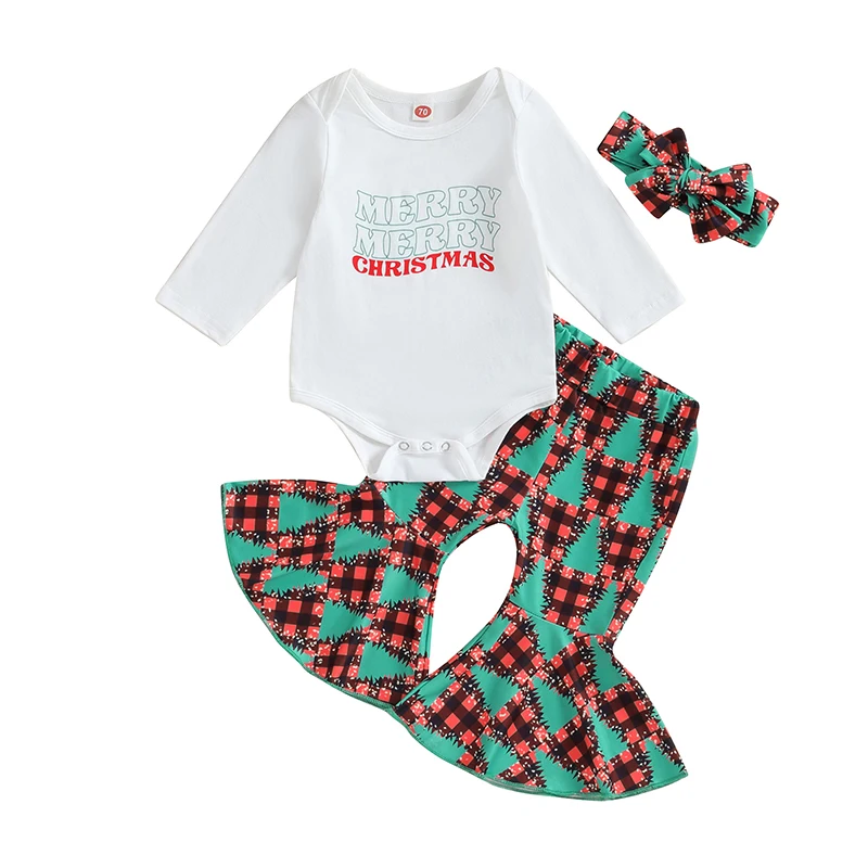 

Infant Newborn Baby Girls Christmas Outfits Letter Print Long Sleeves Romper Flared Pants Headband Fall Clothes