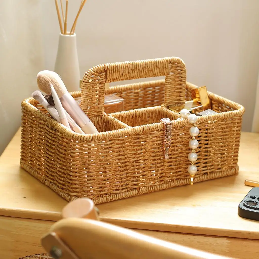 Woven Storage Basket Rectangular 4 Slot Plastic Organizer Basket with Handles for Kitchen Desk and Bathroom Shelves
