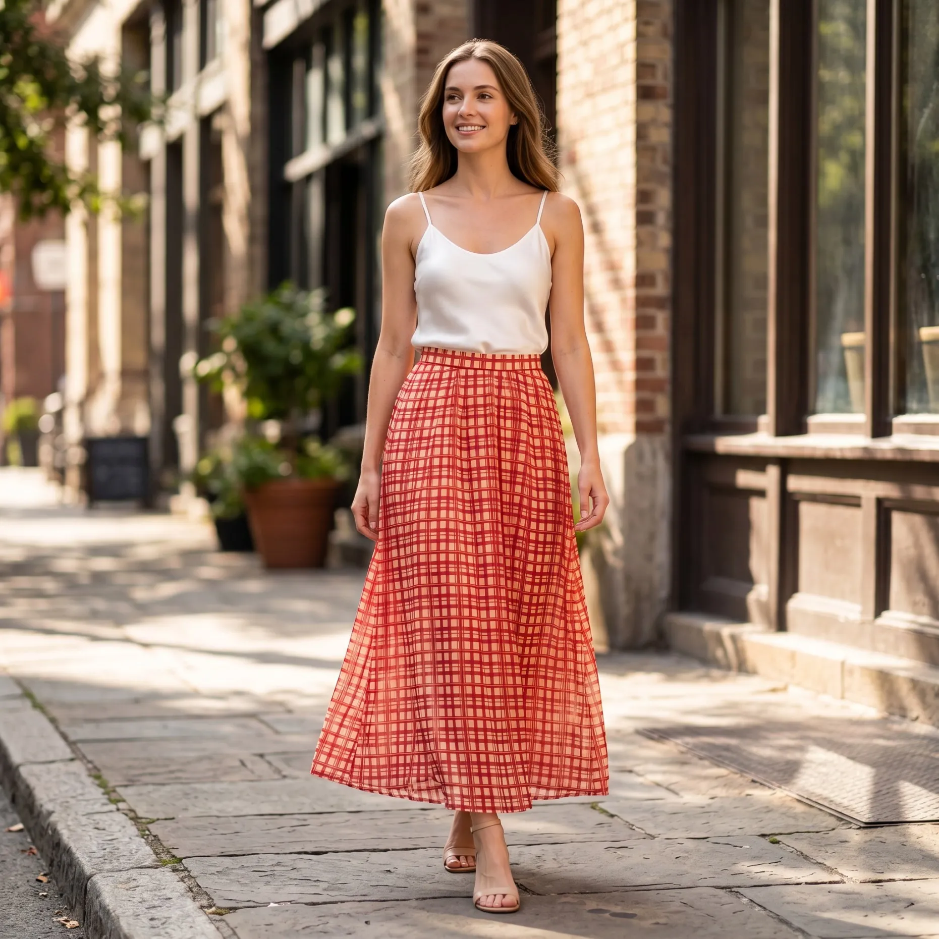 Women Red Plaid Maxi Cotten Skirt Elegant High Waist A-Line Long Skirt French Vintage Check Print Flowy Summer Skirt BF2306