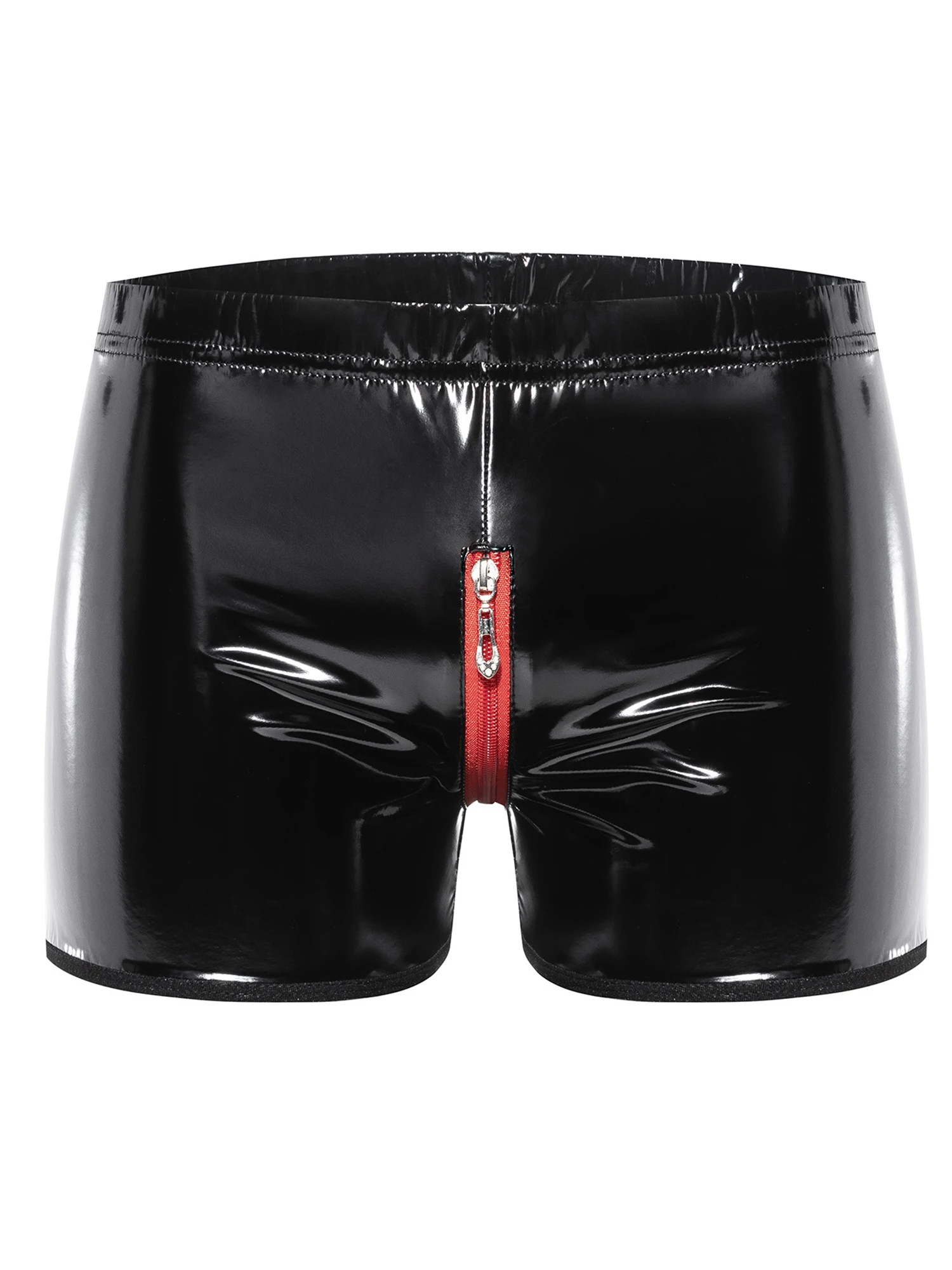 Mens Shiny Faux PU Leather Boxer Shorts Zipper Open Crotch Shorts Boxer Briefs Tights Hot Sexy Trunks Pouch Panties Underwear
