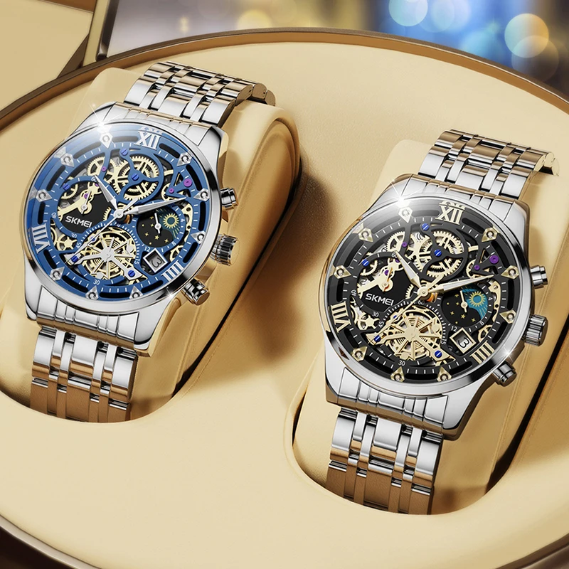 Orologio da uomo in acciaio inossidabile SKMEI calendario orario al quarzo in pietra originale originale quadrante grande atmosfera digitale romana alta tutto 7039