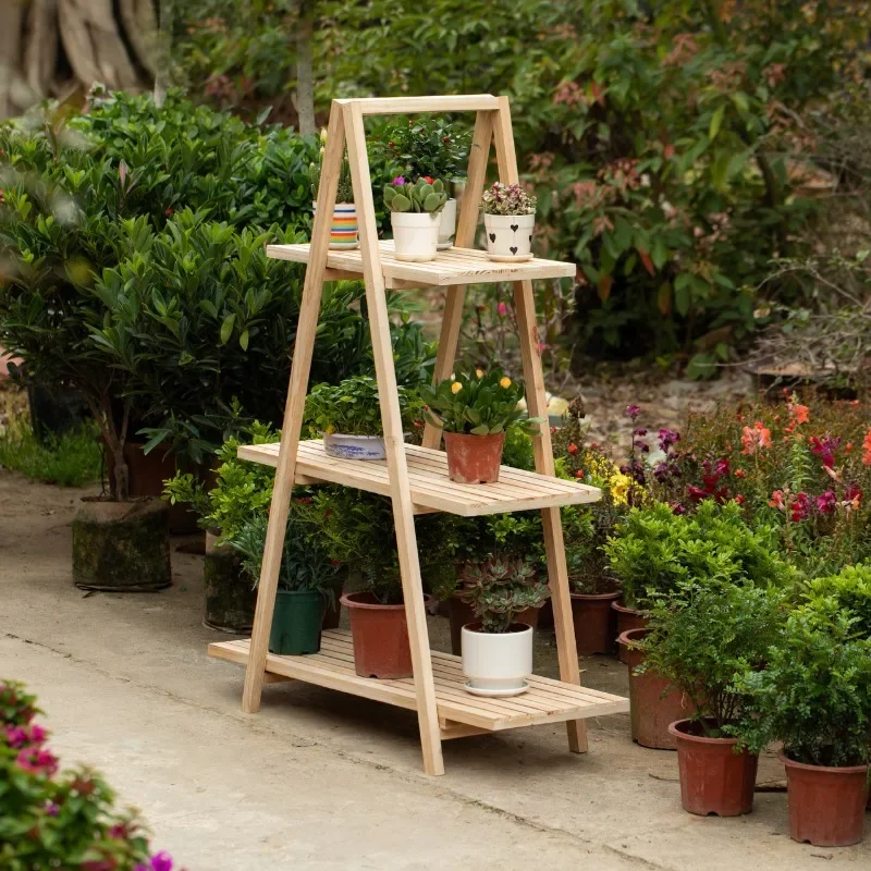 Shelf Multi-layer solid wood folding living room Balcony Indoor ladder Flower pot Succulent rack American style