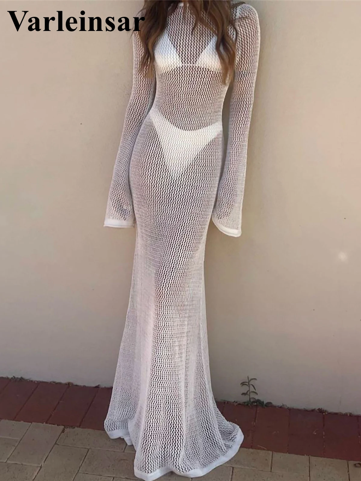 Sexy Long Sleeve Hollow Out Crochet Knitted Tunic Beach Cover Up Cover-ups Beach Dress Beach Wear Beachwear Female Women V5319