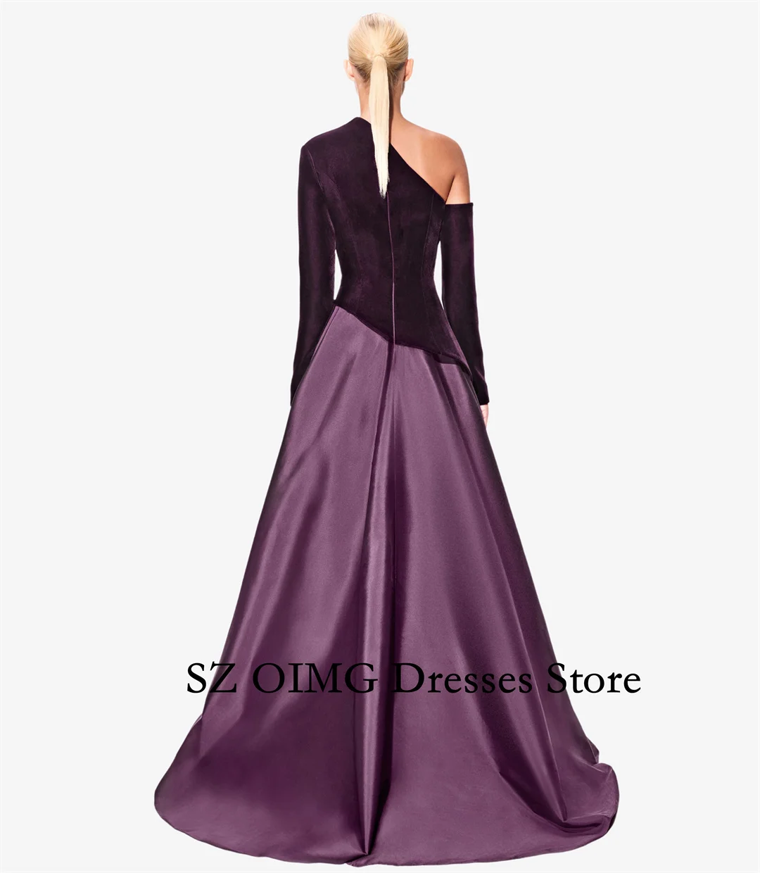 Colavis Customized New Two Tone One Shoulder Wave Dress  Party Dress Burgundy Long Sleeves A-Line  Prom Dress Gowns Customized