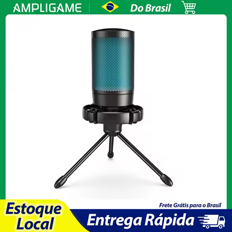 Microfone Gamer AmpliGame com Mudo Rápido, Microfone Condensador USB RGB com Tripé para PC, Laptop, PS4/5, Streaming e Podcastin
