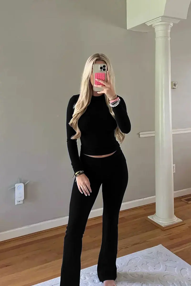 Women Tracksuit Two Pieces Set Short Sleeve O Neck Tops Pencil Pants Sheath Slim Fit Basics Slight Strech Solid Winter 2024