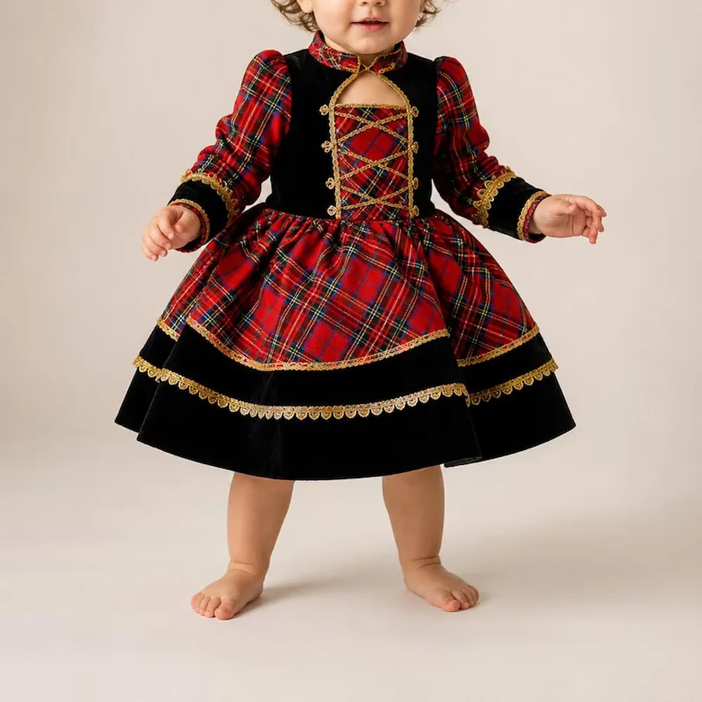 Autumn Winter Red Plaid Vintage Princess Dress With Bow For Casual Party Birthday Wedding Photography