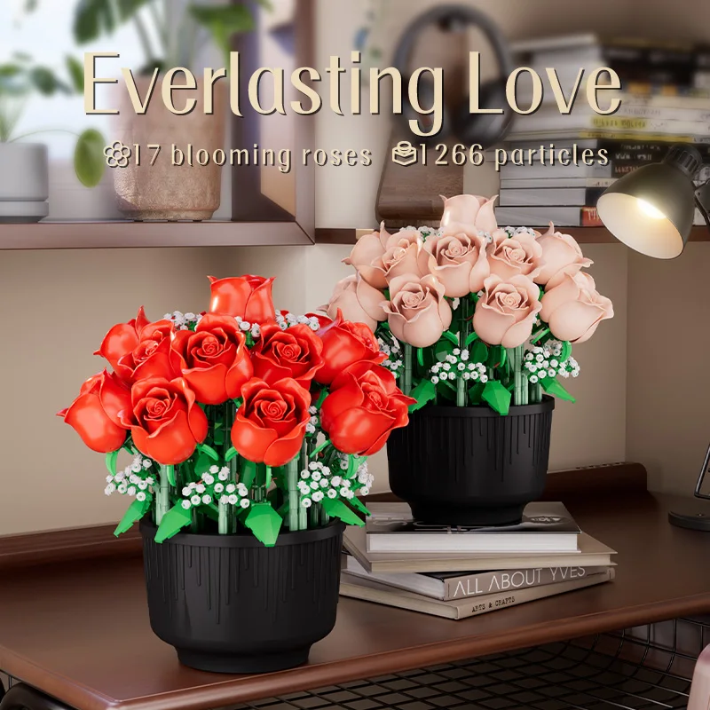 

New Eternal Romantic Rose Flower Bouquet Building Block Home decoration Gift for lover,kids, Christmas,Mother's /Valentine's Day