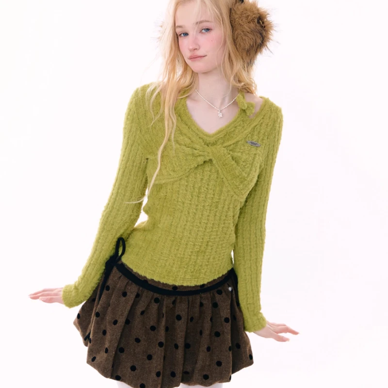 2025 خريف شتاء جديد تويست التخسيس المرأة قاع قميص علوي الأمريكية الرجعية تصميم الرسن بلوفر مغزول البلوزات السيدات #3