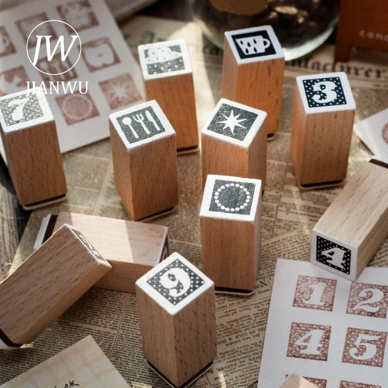 JIANWU 9 Pcs/set Vintage Star Number Landscape Material Collage Wooden Stamp Creative DIY Journal Student Supplies Stationery