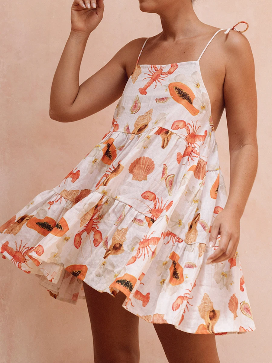 

Women Sleeveless Tank Dress Summer Tie Straps Crab Print Backless Loose A-Line Short Party Dresses for Vacation Beach Streetwear