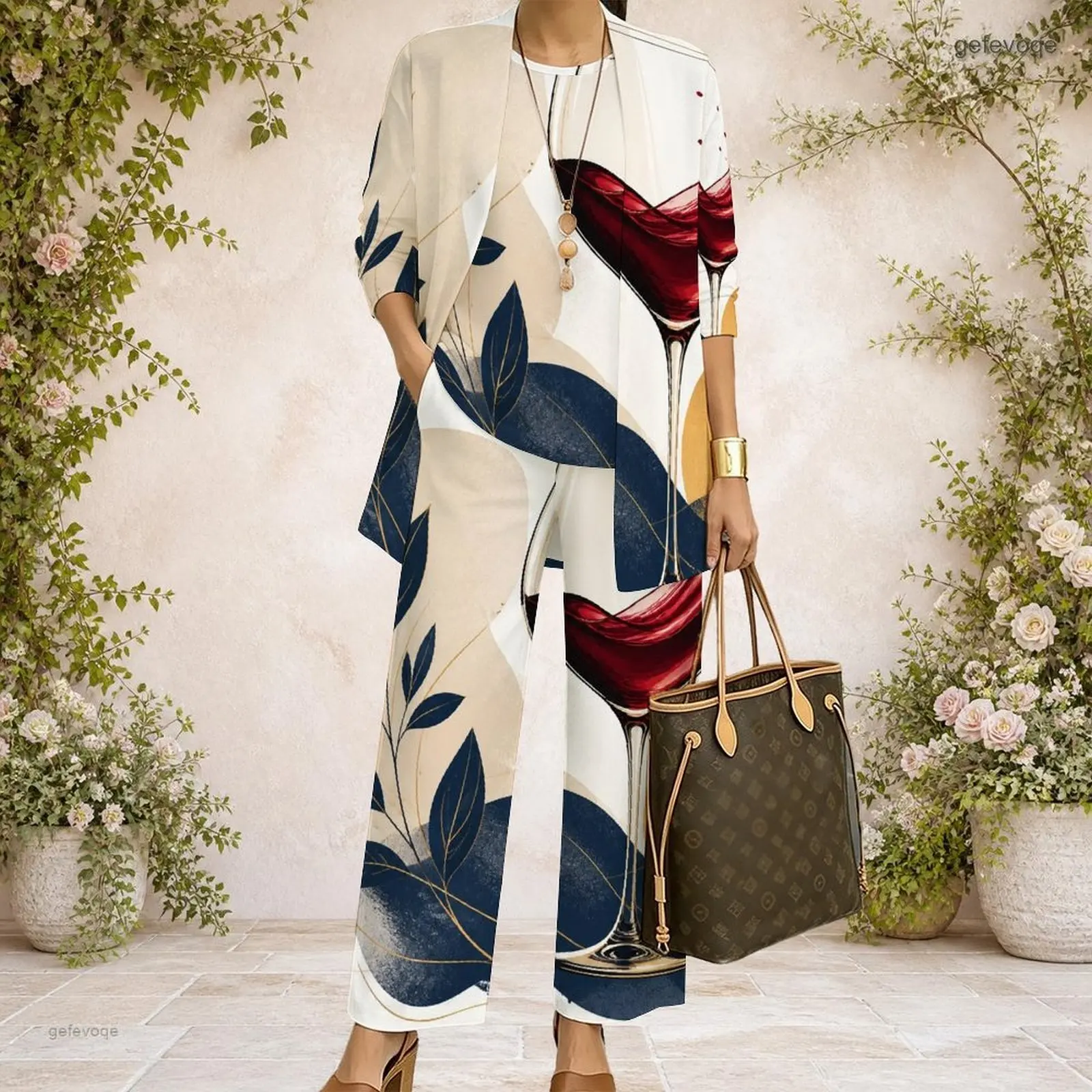 Women 3 Piece Outfit Mid Sleeve Open Cardigan With Tank Top And Wide Leg Pants Set Custom Print Ladies Casual Loungewear