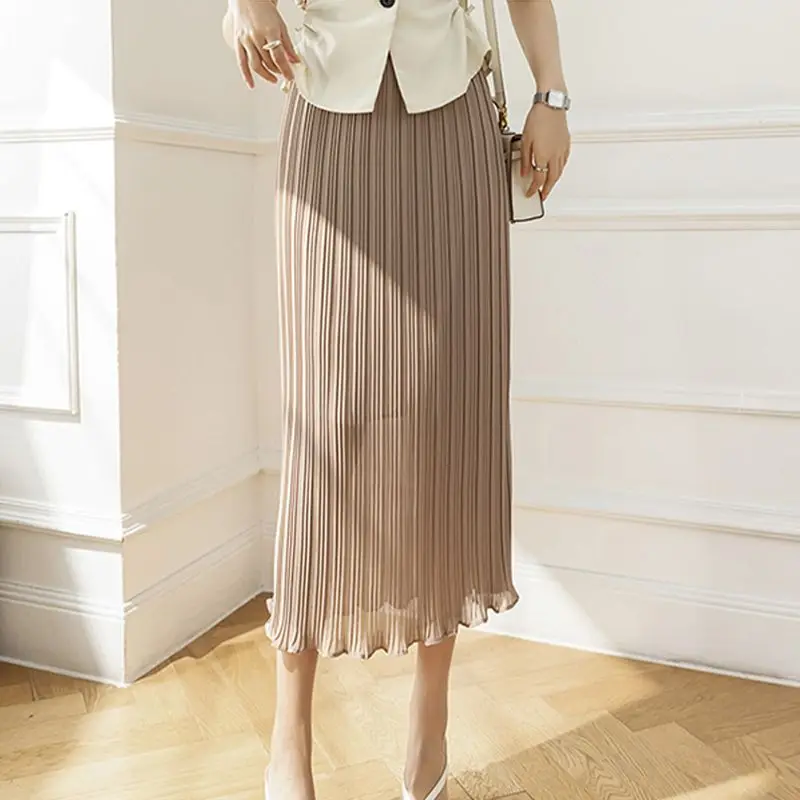 Elegant Elastic Solid Color Pleated A-Line Skirts Women's Clothing 2025 Summer New Loose Office Lady High Waist Skirts