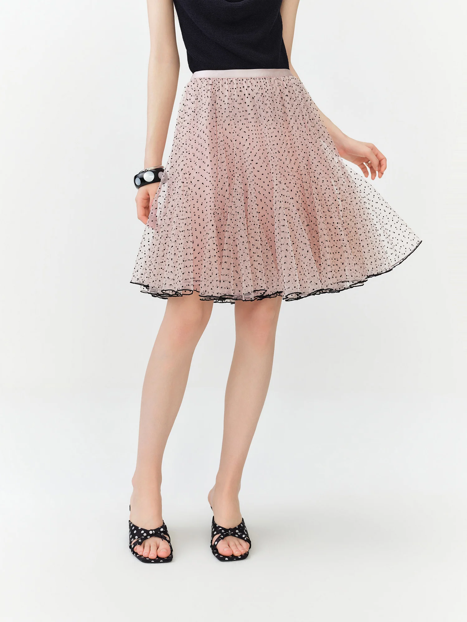 FSLE Summer Women's Pink Polka Dot A-Line Mini Skirt High Waist Ruffle Hem Pleated Flared Skirt for Coquette French Retro Style
