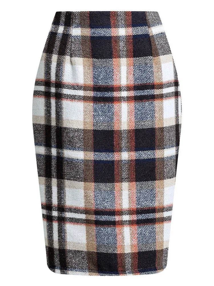 Elegant Plaid Printed Pencil Skirt For Women Fashionable Autumn Winter High Waist Slim Brushed Vintage Casual Skirt Female