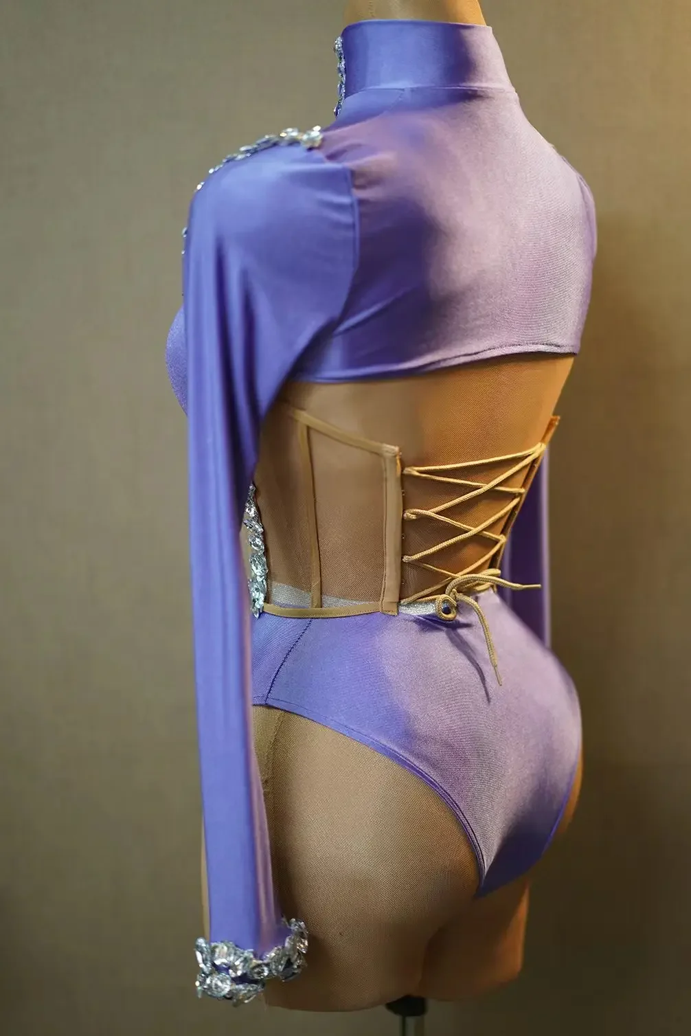 Jianmei-Body de manga larga con diamantes de imitación brillantes para mujer, conjunto de trajes de baile, traje de Drag Queen, leotardo de Pole Dance