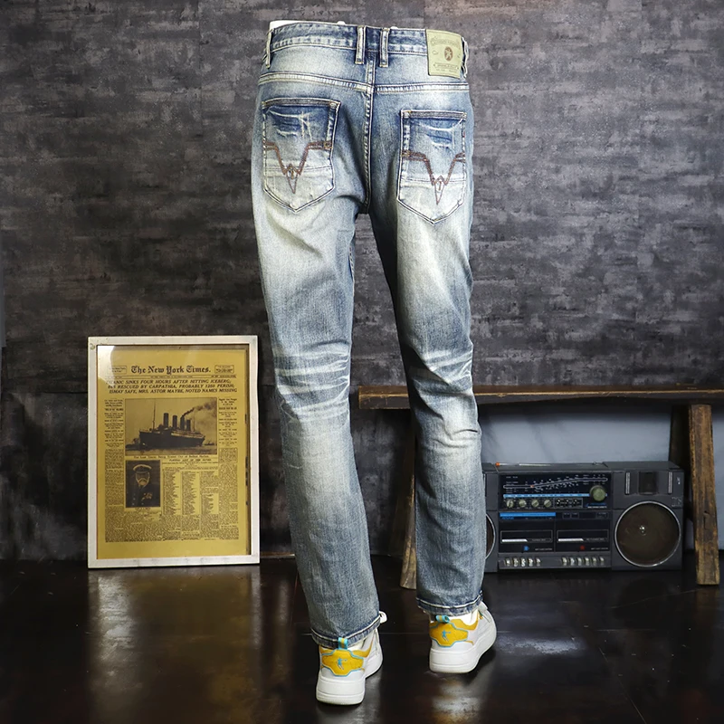 Fashion Designer Men Jeans Retro Blue Stretch Slim Fit Ripped Jeans Men Elastic Trousers Italian Style Vintage Pants Hombre