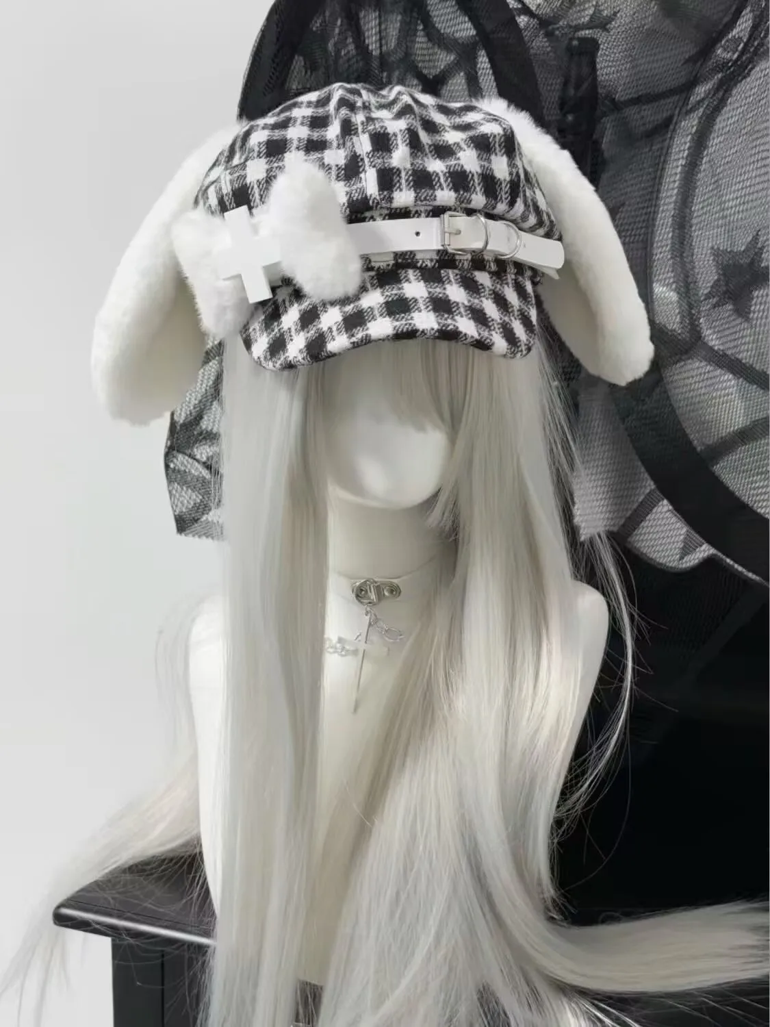 

Original Y2K Subculture Cute Octagonal Beret Hat with Plush Rabbit Ears Puppy Bone Leather Button Cross Black white Plaid Caps