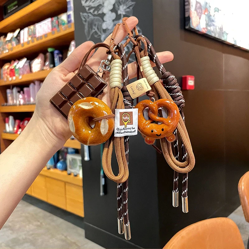 Delicate Bread Woven Rope Keychain Chocolate Anti-lost Bread Keychain Polyester Bagel Bag Pendant Decoration Woven