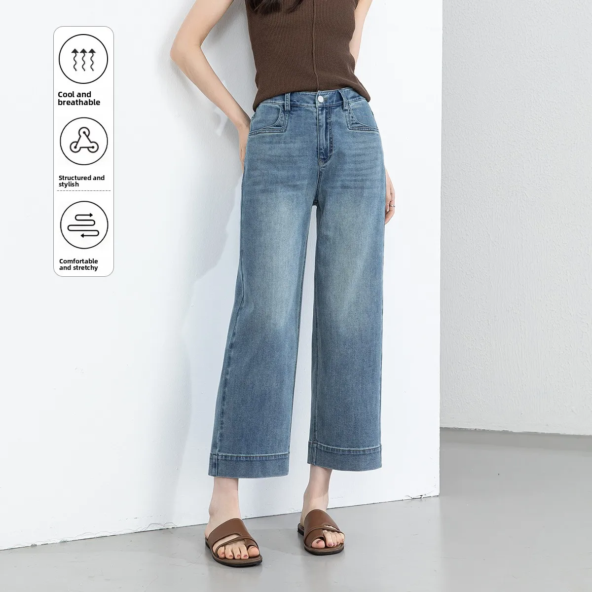 

High Waist Straight Leg Jeans Slim Fit Summer Faionable Rayon Nine Points Wide Leg Pants Women's Premium Denim