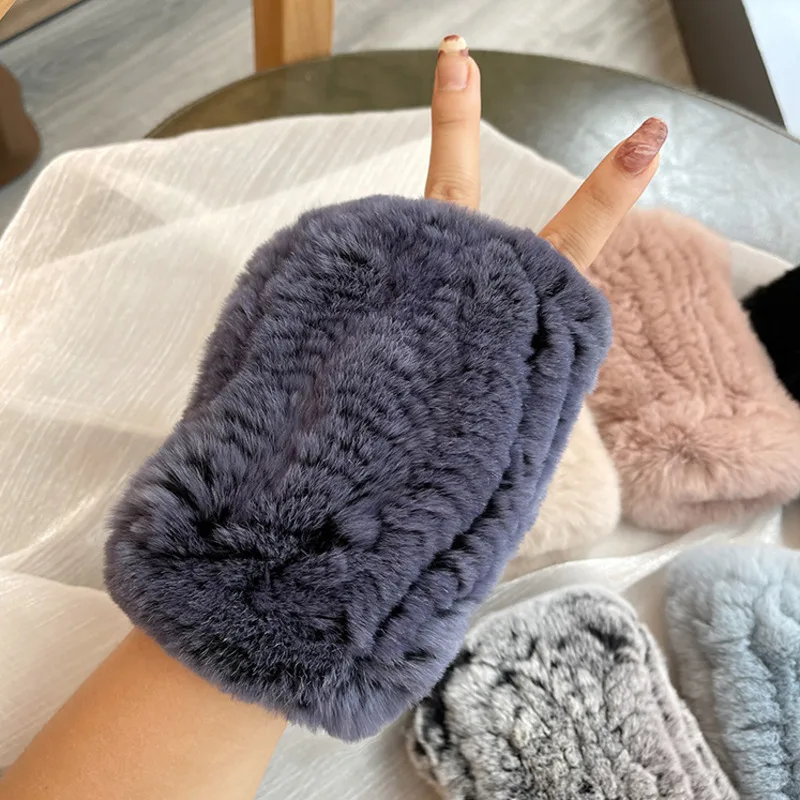 Real Rex Rabbit Fur Gloves Elastic Finger Gloves Winter Warm Knitted Gloves Women Genuine Fur Mittens Handmade Knit Fur Mitten