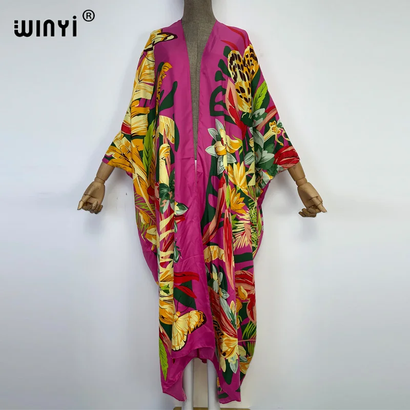 Winyi Afica Boho Print Lange Kimono Jurk Bikini Wrap Cover-Ups Vrouwen Zomerkleding Strandkleding Zwempak Cover Up Kaftan Kimono